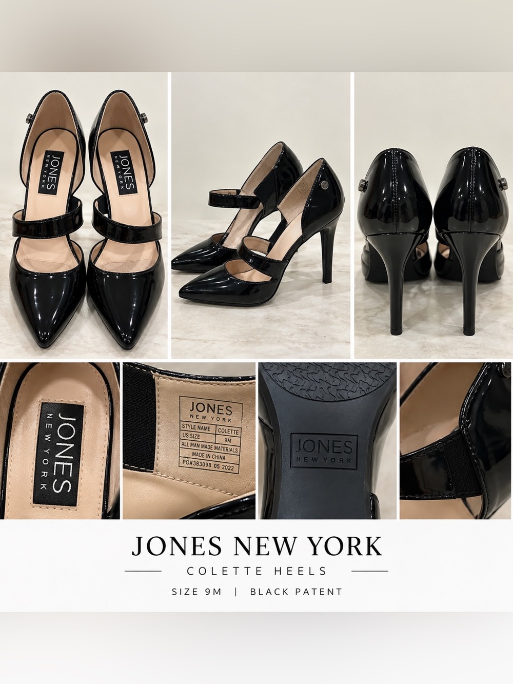 Jones New York Black Patent Double-Strap Pointed-Toe Heels